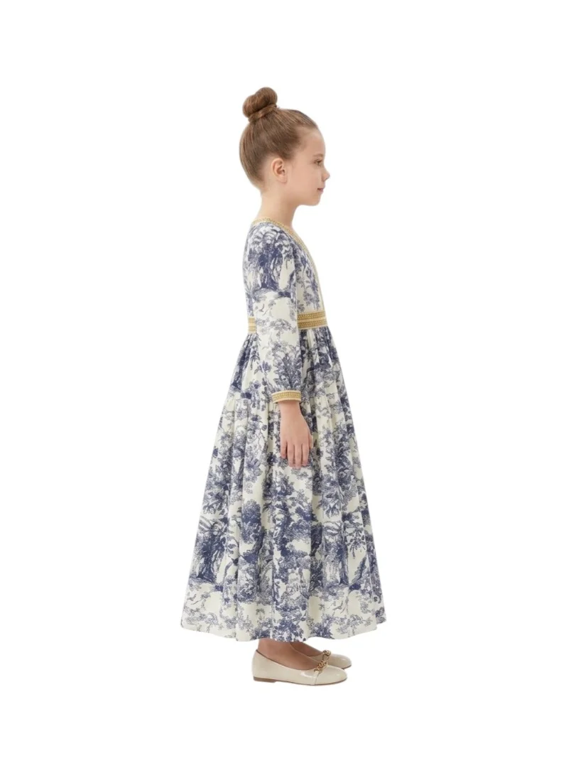 بيداني Ornate Blue Pattern Jalabiya with Gold Trim Detail