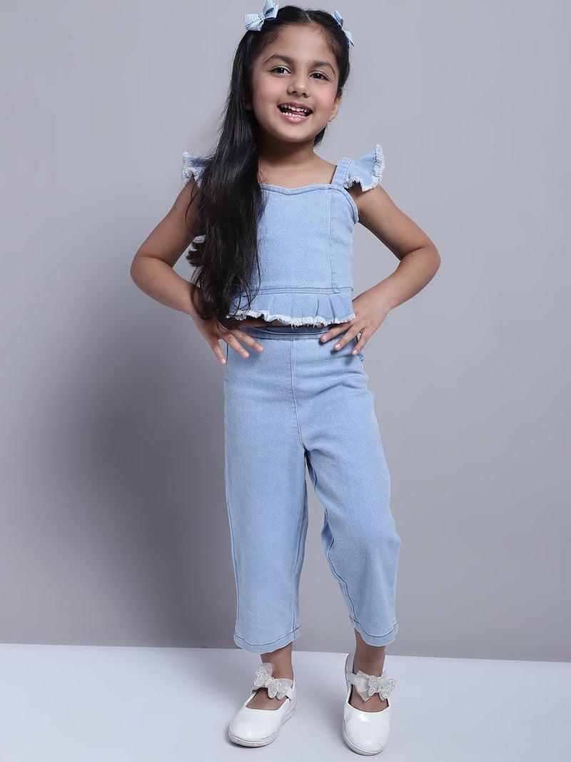 superminis Girls Denim Top And Trouser Solid Co-Ords Set Dress (4-5 Years, Blue) - Image 2