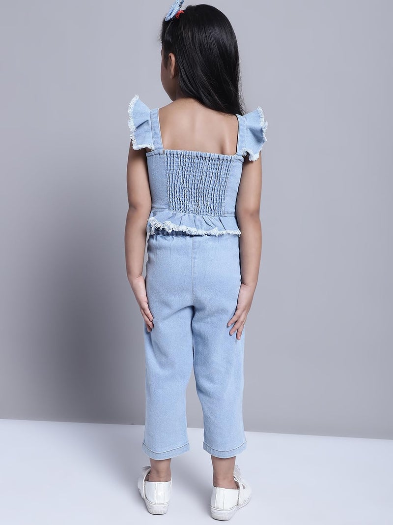 superminis Girls Denim Top And Trouser Solid Co-Ords Set Dress (4-5 Years, Blue) - Image 3