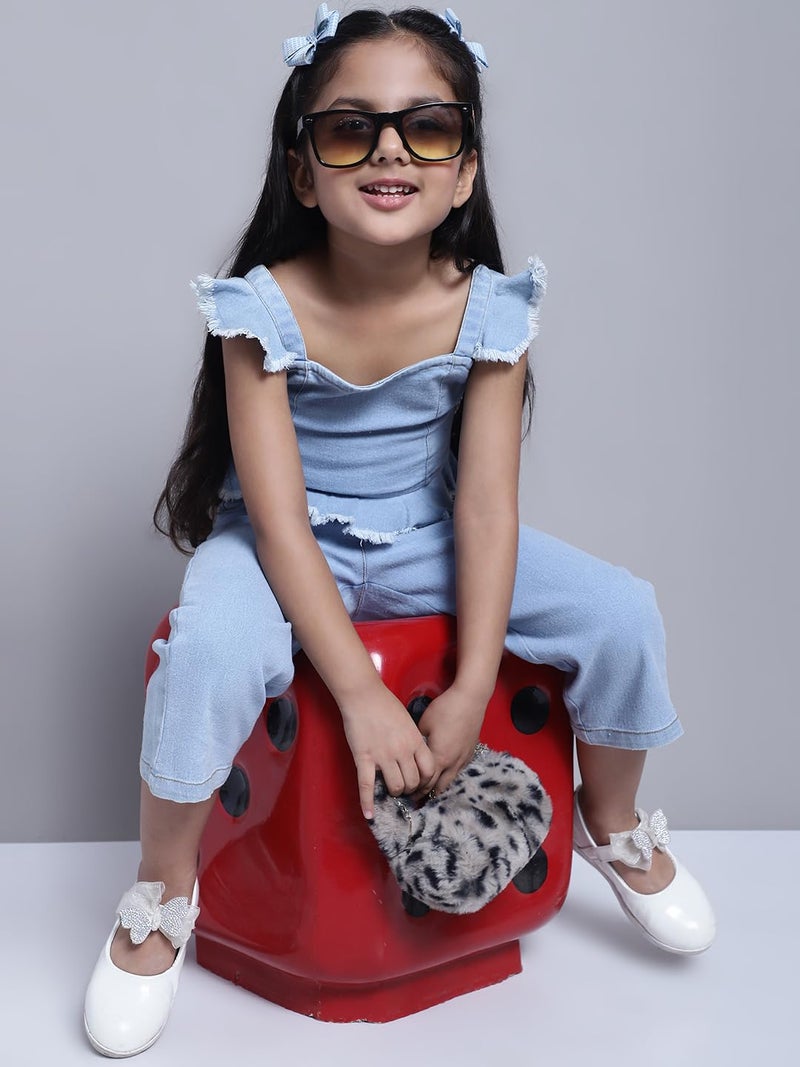 superminis Girls Denim Top And Trouser Solid Co-Ords Set Dress (4-5 Years, Blue) - Image 4