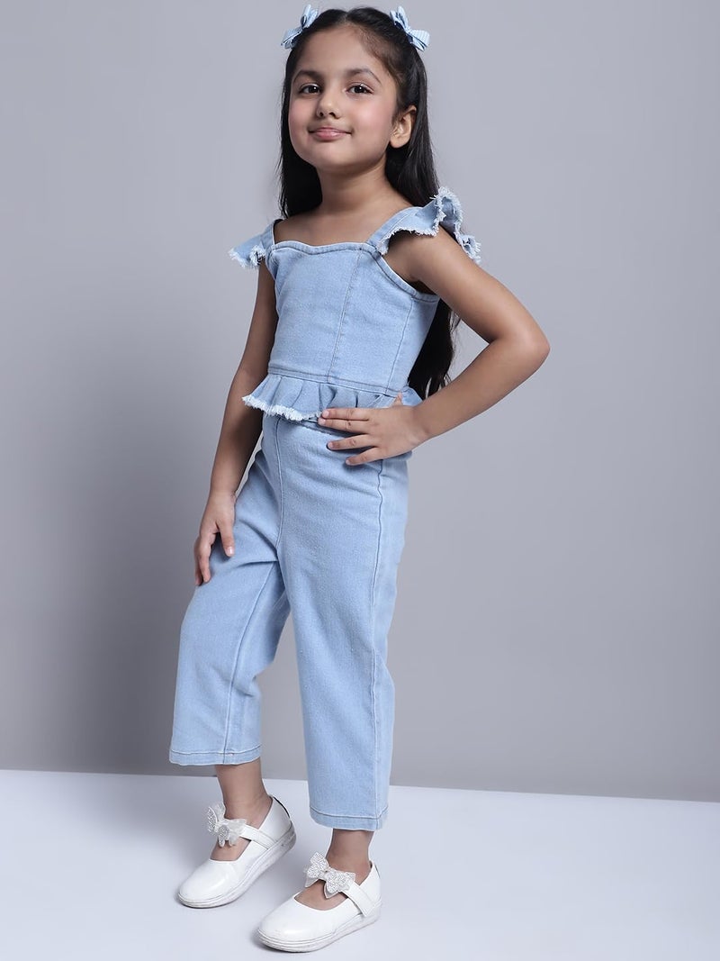 superminis Girls Denim Top And Trouser Solid Co-Ords Set Dress (4-5 Years, Blue) - Image 5