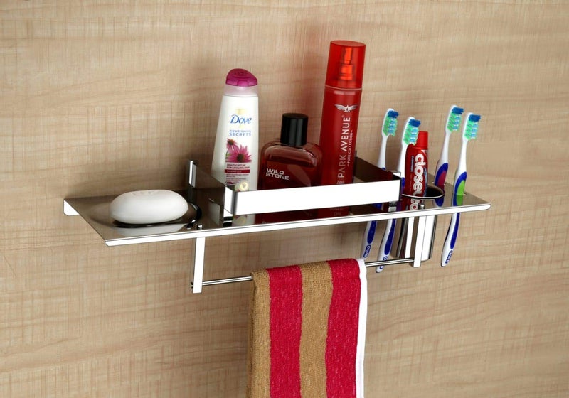 Arena Stainless Steel 4 in 1 Multipurpose Bathroom Shelf/Rack/Bathroom Towel Hanger, Tumbler Holder/Soap Dish with Tumbler Bathroom Accessories (15 x 6 Inches) - Pack of 1 - Image 3