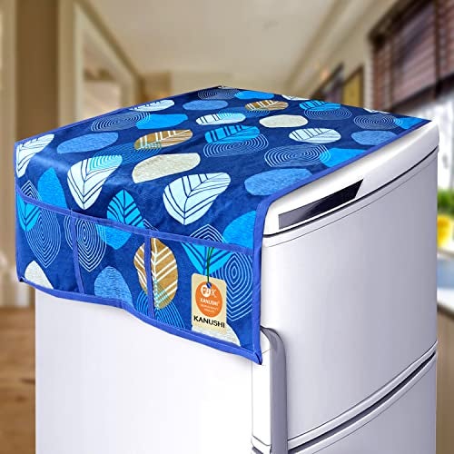 KANUSHI Industries® 1Pc Fridge Cover for Top with 6 Utility Pockets + 2 Fridge Handle Cover (FRI-Long-LEVS-Blue+2-Handle) - Image 2