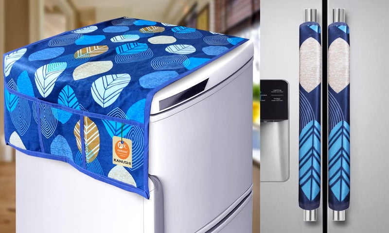KANUSHI Industries® 1Pc Fridge Cover for Top with 6 Utility Pockets + 2 Fridge Handle Cover (FRI-Long-LEVS-Blue+2-Handle) - Image 1