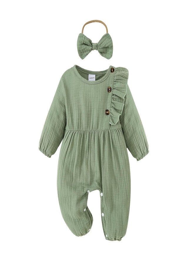Twosya Newborn Baby Girls Smocked Romper Preemie Long Sleeve Going Home Outfit with Bow Headband - Image 1