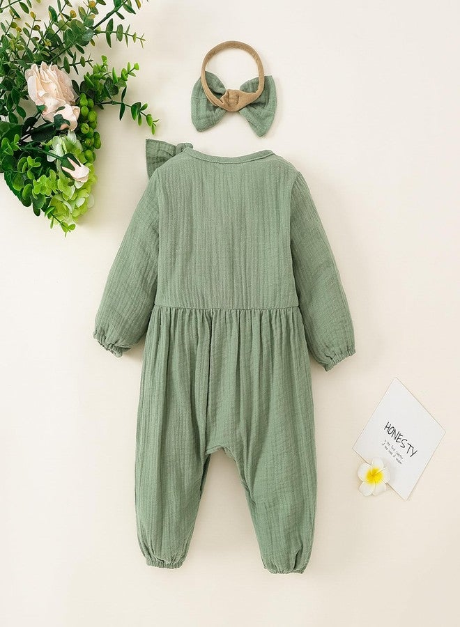 Twosya Newborn Baby Girls Smocked Romper Preemie Long Sleeve Going Home Outfit with Bow Headband - Image 3