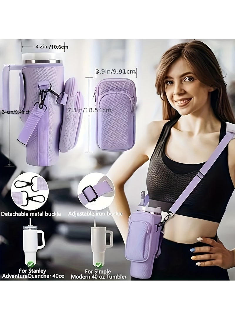 2 in 1 Water Bottle Holder with Pouch Pocket for Stanley 40 oz Tumbler, Water Bottle Carrier Bag for Stanley Cup Accessories, Water Bottle Sling Bag with Large Pouch  Strap for Phone, Cards, Key,3D  - Image 2