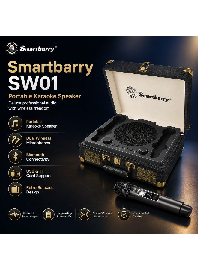 Smartbarry SW01 Rechargeable Karaoke Speaker with 2 Wireless Mics, Bluetooth Connectivity, USB and TF Card Support, Portable Suitcase Style Audio System for Singing, Events, Celebrations and Outdoor Fun, Black - Image 3