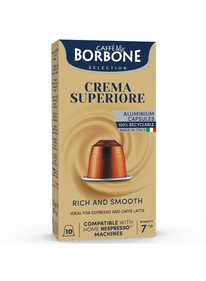 كبسولات قهوة ، اسبريسو ، Crema Superiore ، من كافيه بوربون ، المصنوعة من الألومنيوم ، متوافقة مع ماكينات نسبرسو الأصلية ، تحميص متوسط ، قهوة اسبريسو إيطالية أصلية ، كثافة  7/10 ، عبوه 50 جرام ، تحتوي علي 10 كبسولات اسبريو كل كبسوله 5 جرام .