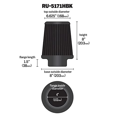 K+N K&N Dryflow Lifetime Universal Clamp-On Air Filter: Dry Synthetic, Washable, Oil-Free: Flange Diameter: 4 In, Filter Height: 8 In, Flange Length: 1.5 In, Shape: Round Tapered, RU-5171HBK - Image 3