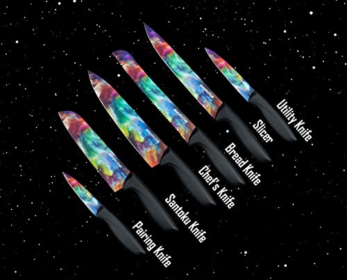 PurpleChef 10 Pieces Kitchen Knives Set. Includes 6 Stainless Steel Knives, Scissors, Knife Sharpener, Peeler, and Clear Acrylic Stand (Cosmos) - Image 3