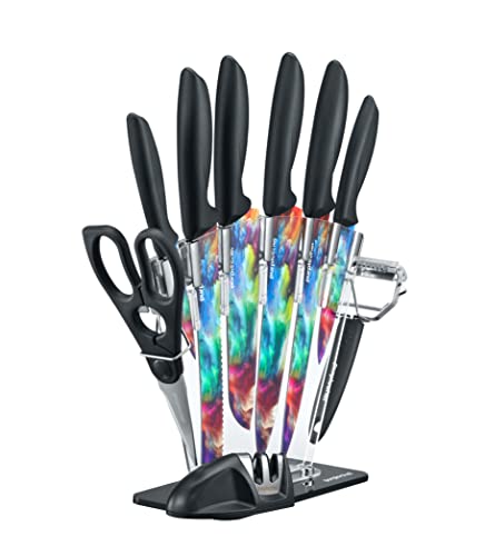 PurpleChef 10 Pieces Kitchen Knives Set. Includes 6 Stainless Steel Knives, Scissors, Knife Sharpener, Peeler, and Clear Acrylic Stand (Cosmos) - Image 2