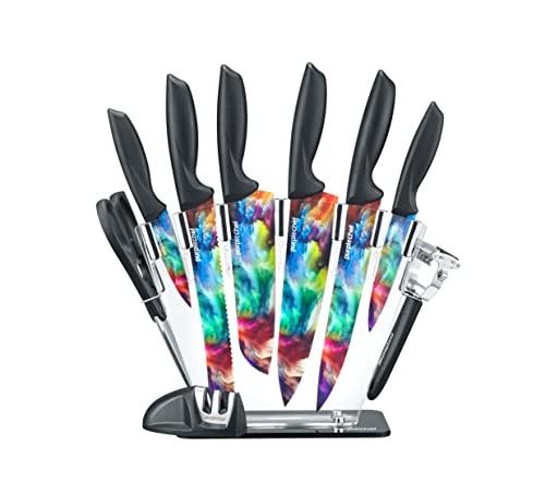 PurpleChef 10 Pieces Kitchen Knives Set. Includes 6 Stainless Steel Knives, Scissors, Knife Sharpener, Peeler, and Clear Acrylic Stand (Cosmos) - Image 1
