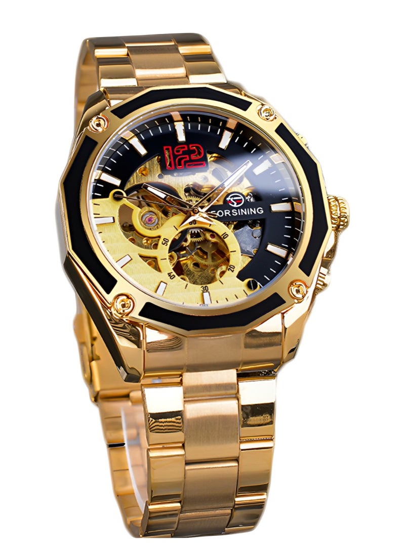 FORSINING Forsining Men's Automatic Mechanical Watch - Gold-Tone Dial with Gold-Tone Strap, Skeleton Movement, Self-Winding, Luxury Business Style for Formal & Professional Occasions  - Image 1