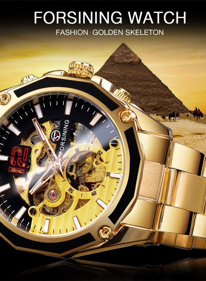 FORSINING Forsining Men's Automatic Mechanical Watch - Gold-Tone Dial with Gold-Tone Strap, Skeleton Movement, Self-Winding, Luxury Business Style for Formal & Professional Occasions  - Image 3