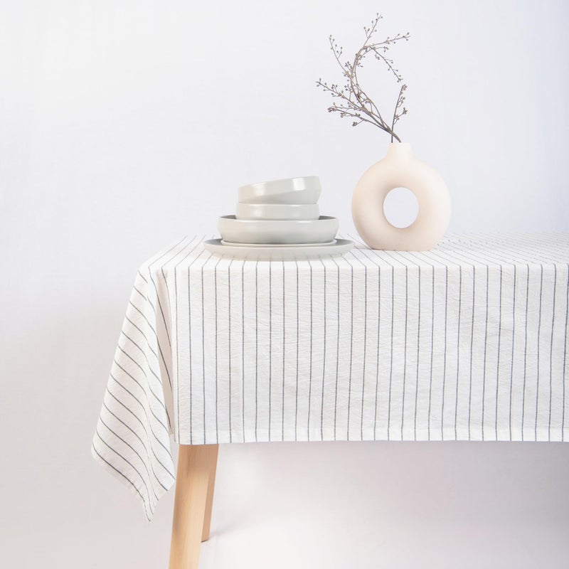 MONDAY MOOSE Striped Farmhouse Picnic Style Decoration Rectangle Natural Stonewashed Cotton Tablecloth for Kitchen, Dining Room, Restaurant (55x70 inch, White/Black Stripes) - Image 1