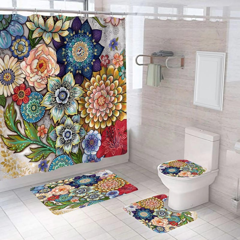 Y&D 4PCS  Designer Bathroom With Bath Mat Waterproof Shower Curtains With Rugs - Image 3