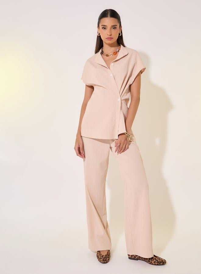 Take Two Solid Wrap Buttoned Shirt and Pants Co-Ords - Image 2