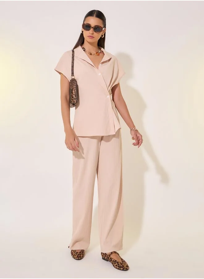 ستايلي Solid Wrap Buttoned Shirt and Pants Co-Ords