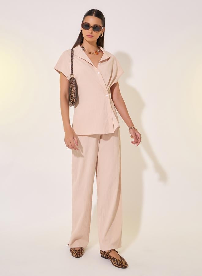 Take Two Solid Wrap Buttoned Shirt and Pants Co-Ords - Image 1