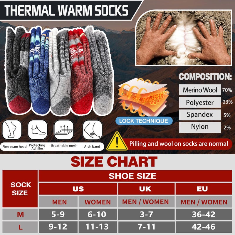 Welwoos Merino Wool Socks for Women Men Thermal Winter Warm Hiking Cozy Crew Work Gift Socks Stocking Stuffers 5 Pairs(Mixed,L) - Image 5