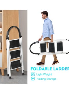 DubaiGallery Step Ladder 3 Step Folding with with Anti-Slip and Wide Pedal,Portable Foldable,Tall Sturdy Step Ladder with Handgrip for Home Kitchen Household,White  - Image 4