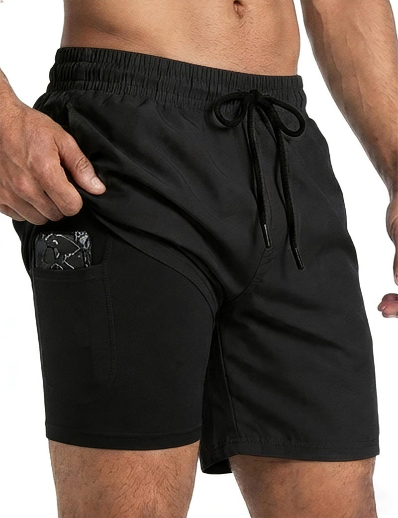 Buauty 2 in 1 Mens Swim Trunks with Compression Liner 5 Inch Inseam Quick Dry Swim Shorts Men Bathing Suit Swimsuit Beach Swimming Board Shorts with Pockets Men's Swimwear Surf Outfit Black - Image 1