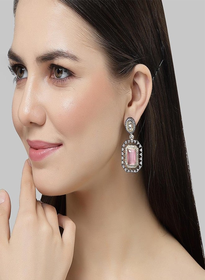 Karatcart Black Silver Plated Pink American Diamond Studded Drop Earrings for Women - Image 2