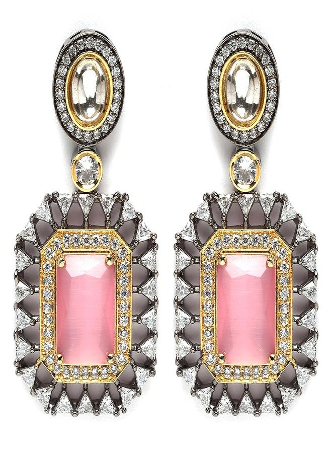 Karatcart Black Silver Plated Pink American Diamond Studded Drop Earrings for Women - Image 5
