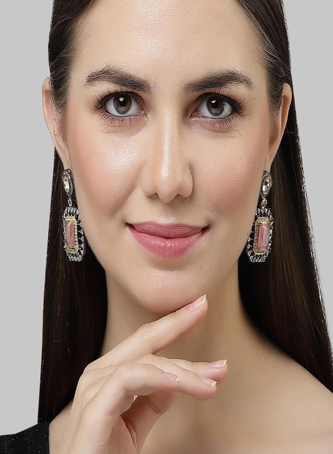 Karatcart Black Silver Plated Pink American Diamond Studded Drop Earrings for Women - Image 3