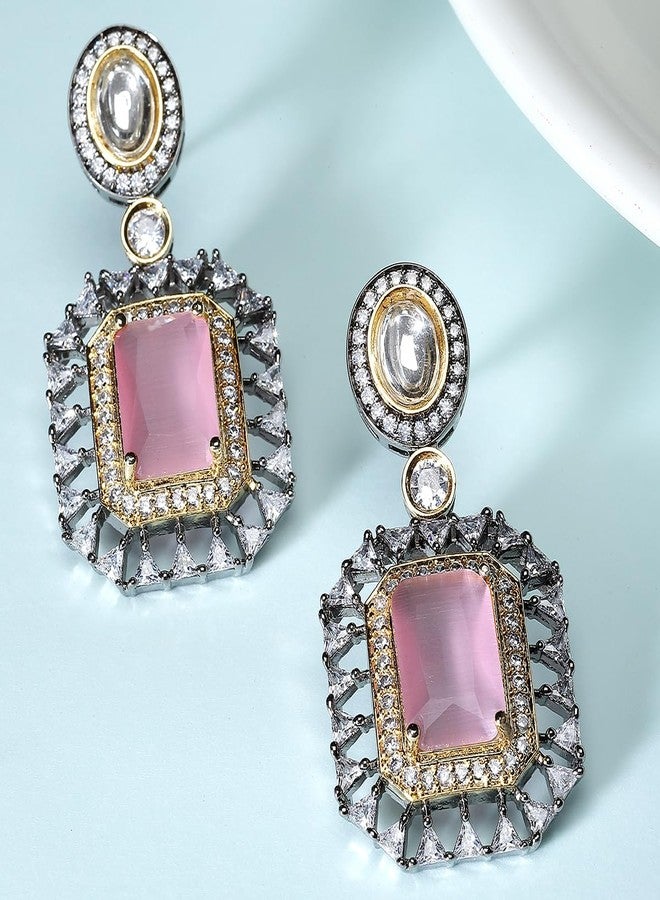 Karatcart Black Silver Plated Pink American Diamond Studded Drop Earrings for Women - Image 4