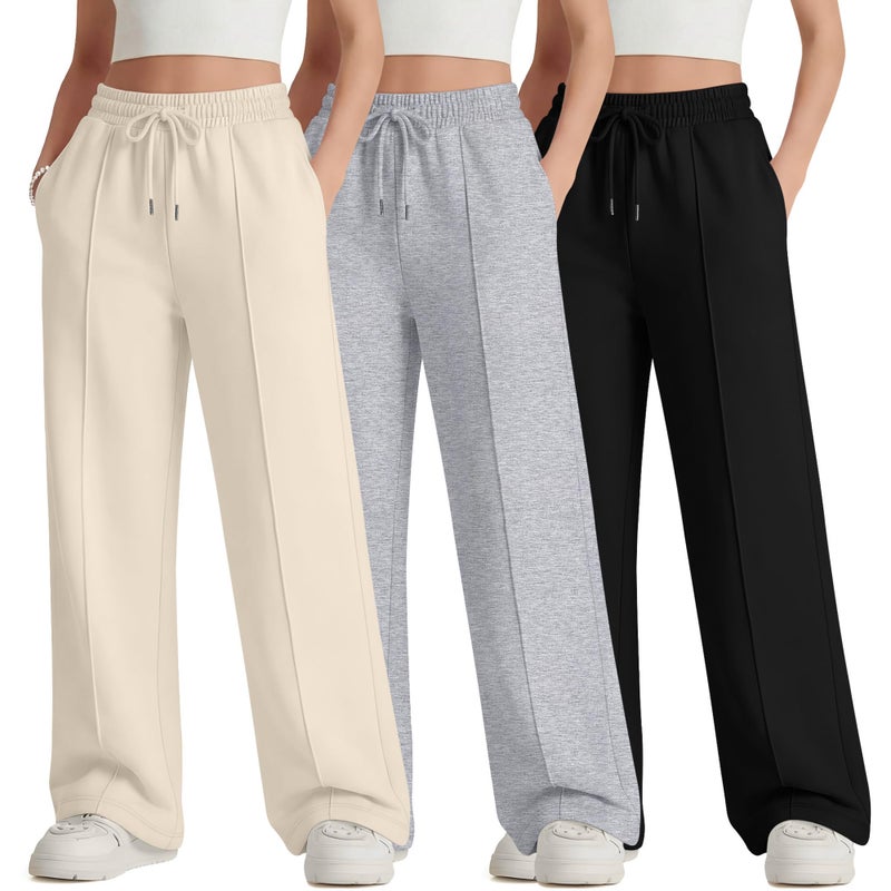 LessonZoo 3 Pack Girls Wide Leg Sweatpants Drawstring Baggy Pants Teen Girls Athletic Joggers Pants with Pockets 5-14Y(White, Light Heather Gray, Black,13-14 Years) - Image 1