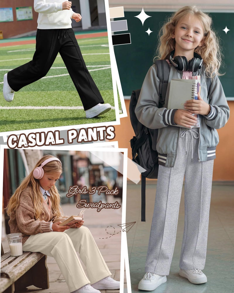 LessonZoo 3 Pack Girls Wide Leg Sweatpants Drawstring Baggy Pants Teen Girls Athletic Joggers Pants with Pockets 5-14Y(White, Light Heather Gray, Black,13-14 Years) - Image 4