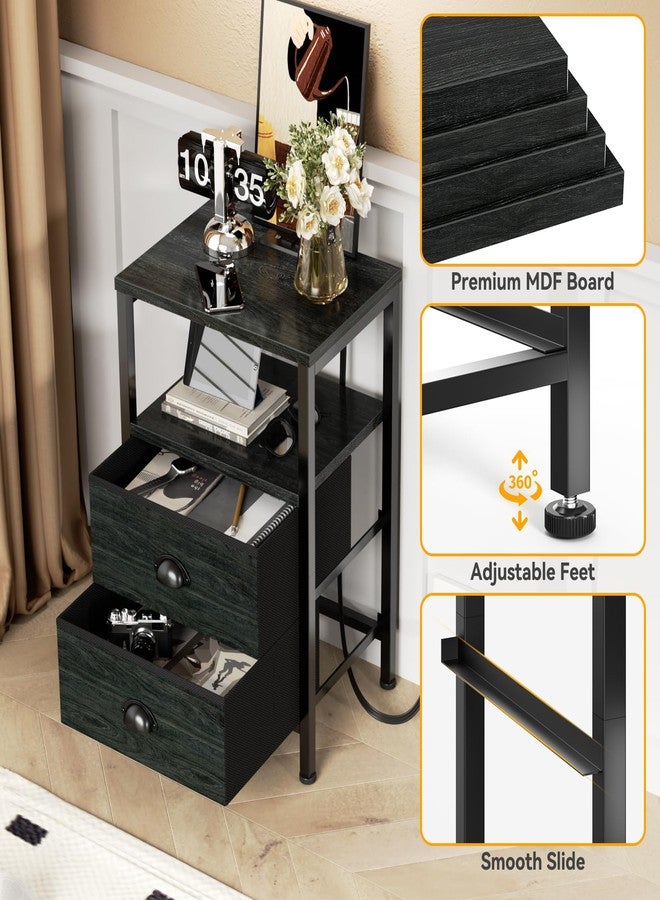 Furologee Nightstands with Charging Station, End Table with LED Lights, Black Night Stands with 2 Fabric Drawers, Bedside Tables with Shelves for Living Room/Bedroom,Black Oak - Image 4