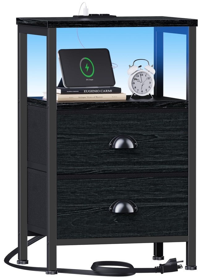 Furologee Nightstands with Charging Station, End Table with LED Lights, Black Night Stands with 2 Fabric Drawers, Bedside Tables with Shelves for Living Room/Bedroom,Black Oak - Image 2