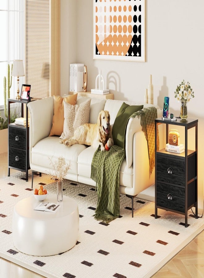 Furologee Nightstands with Charging Station, End Table with LED Lights, Black Night Stands with 2 Fabric Drawers, Bedside Tables with Shelves for Living Room/Bedroom,Black Oak - Image 5