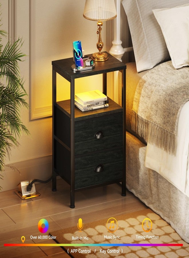 Furologee Nightstands with Charging Station, End Table with LED Lights, Black Night Stands with 2 Fabric Drawers, Bedside Tables with Shelves for Living Room/Bedroom,Black Oak - Image 3