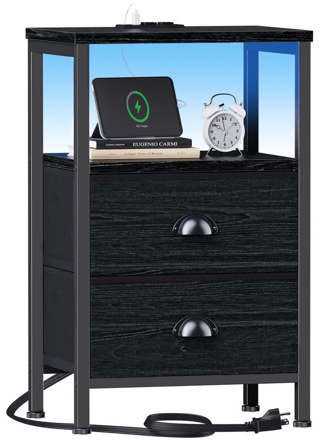 Furologee Nightstands with Charging Station, End Table with LED Lights, Black Night Stands with 2 Fabric Drawers, Bedside Tables with Shelves for Living Room/Bedroom,Black Oak - Image 1