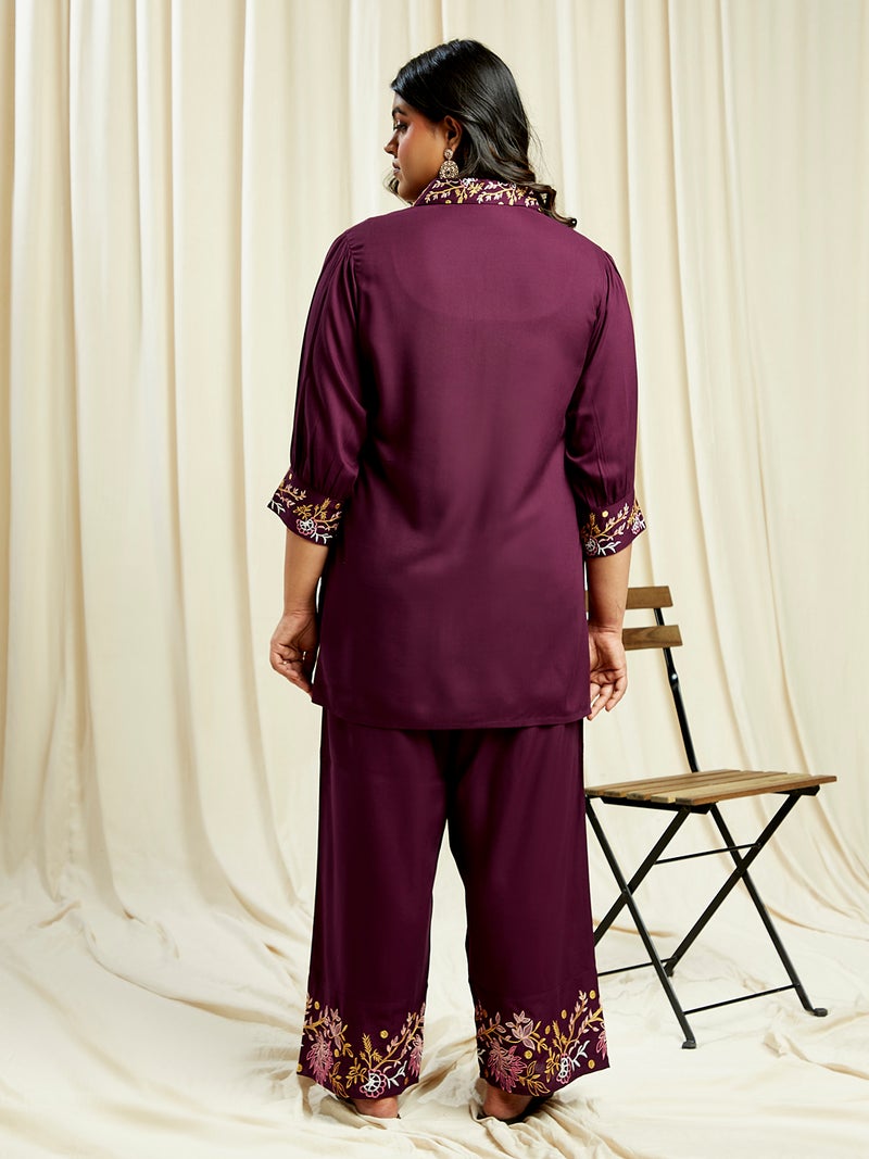 globus Globus Gloplus Women Purple Embroidered Detail Shirt Style Tunic With Wide Leg Trousers Plus Size Fusion Co-Ord Set  - Image 3