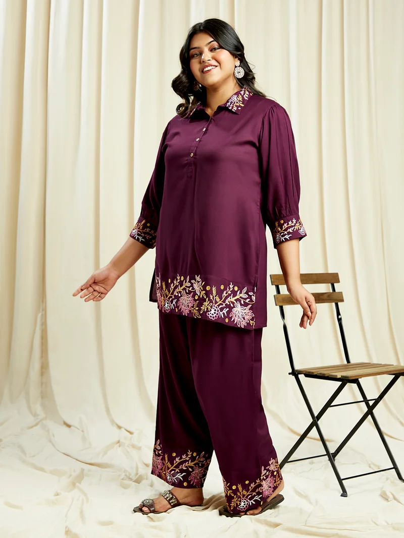 globus Gloplus Women Purple Embroidered Detail Shirt Style Tunic With Wide Leg Trousers Plus Size Fusion Co-Ord Set