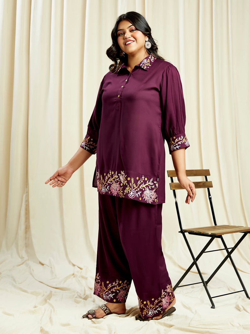 globus Globus Gloplus Women Purple Embroidered Detail Shirt Style Tunic With Wide Leg Trousers Plus Size Fusion Co-Ord Set  - Image 2