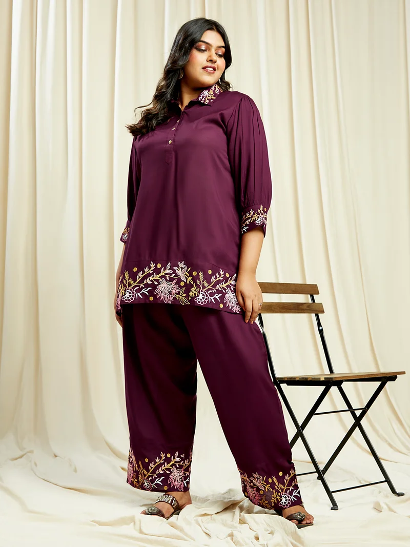 globus Gloplus Women Purple Embroidered Detail Shirt Style Tunic With Wide Leg Trousers Plus Size Fusion Co-Ord Set