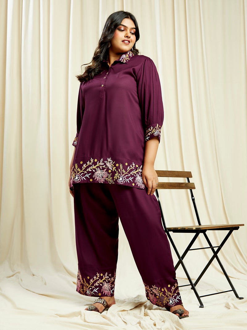 globus Globus Gloplus Women Purple Embroidered Detail Shirt Style Tunic With Wide Leg Trousers Plus Size Fusion Co-Ord Set  - Image 1