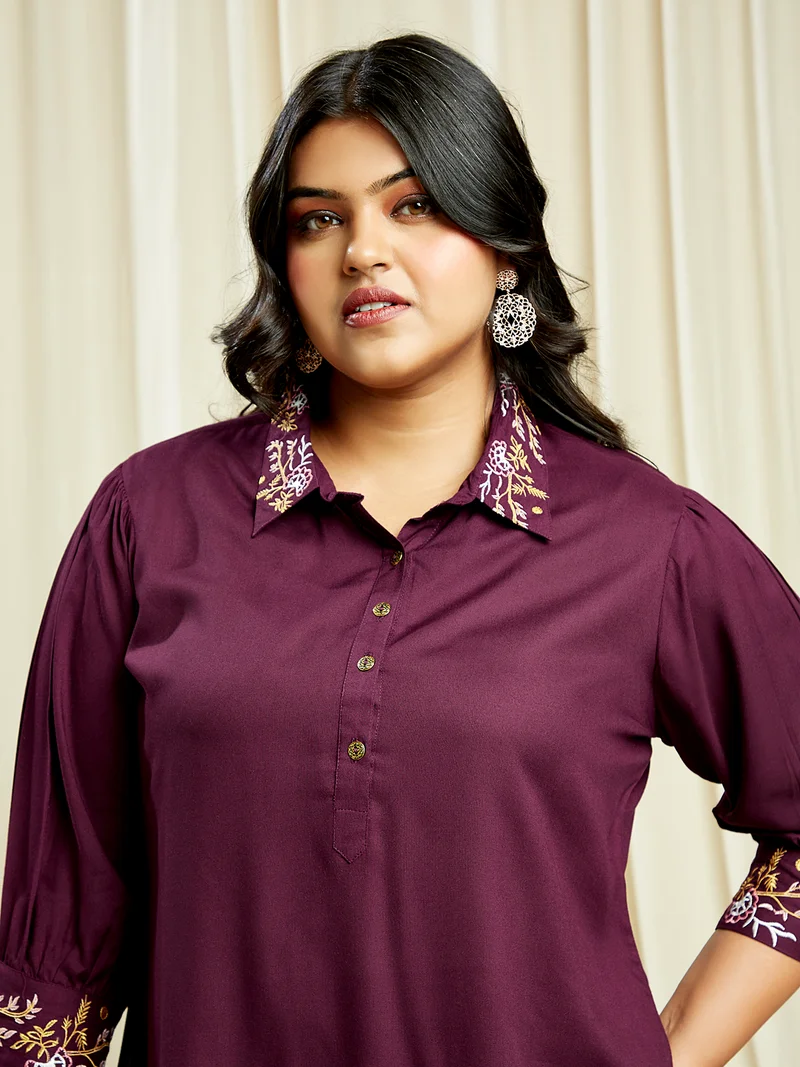 globus Gloplus Women Purple Embroidered Detail Shirt Style Tunic With Wide Leg Trousers Plus Size Fusion Co-Ord Set