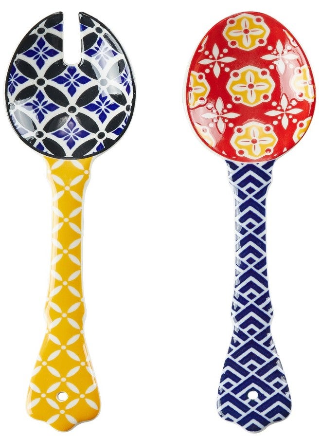 Metahom Ceramic Salad Servers, 9" Salad Spoon and Fork Set, Salad Tongs for Mixing, Tossing, Cooking and Stirring, Dishwasher & Microwave Safe, Set of 2, Yellow & Blue - Image 1
