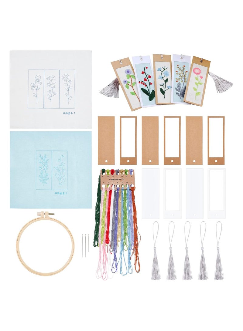 KASTWAVE Embroidery Bookmark Kit, Floral Plant Stamped Embroidery Bookmark with Needle Tassel Cards Embroidery Hoop, Vintage Style Bookmark Making Kit for DIY Beginners Adult Book Lovers - Image 1
