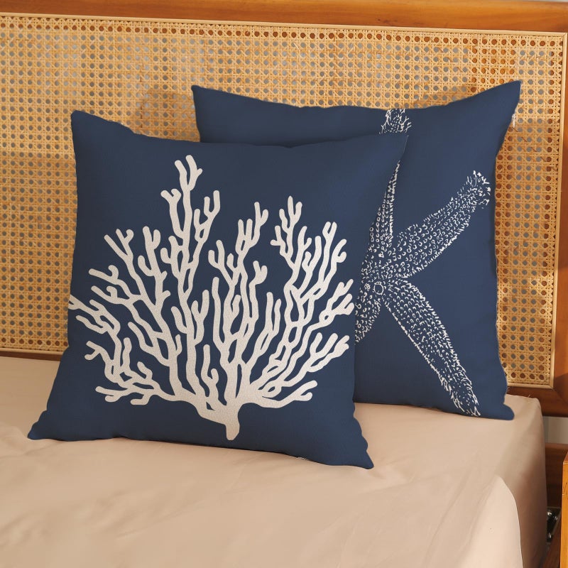 GOLIANDA Blue Starfish Pillow Covers 18x18 Inch Set of 2, Nautical Ocean Coastal Blue Coral Throw Pillows Spring Summer Decorations Linen Pillowcase Outdoor Decor Farmhouse Cushion Case for Home Holiday - Image 2