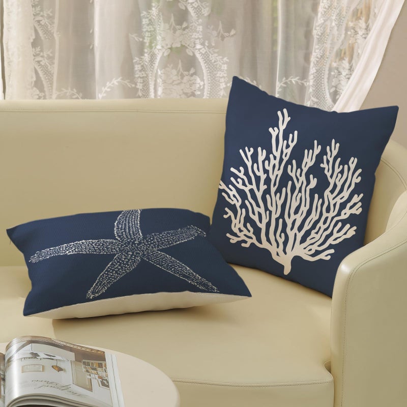 GOLIANDA Blue Starfish Pillow Covers 18x18 Inch Set of 2, Nautical Ocean Coastal Blue Coral Throw Pillows Spring Summer Decorations Linen Pillowcase Outdoor Decor Farmhouse Cushion Case for Home Holiday - Image 4
