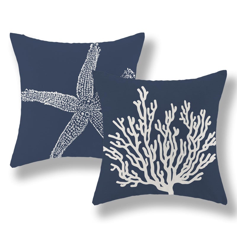 GOLIANDA Blue Starfish Pillow Covers 18x18 Inch Set of 2, Nautical Ocean Coastal Blue Coral Throw Pillows Spring Summer Decorations Linen Pillowcase Outdoor Decor Farmhouse Cushion Case for Home Holiday - Image 1