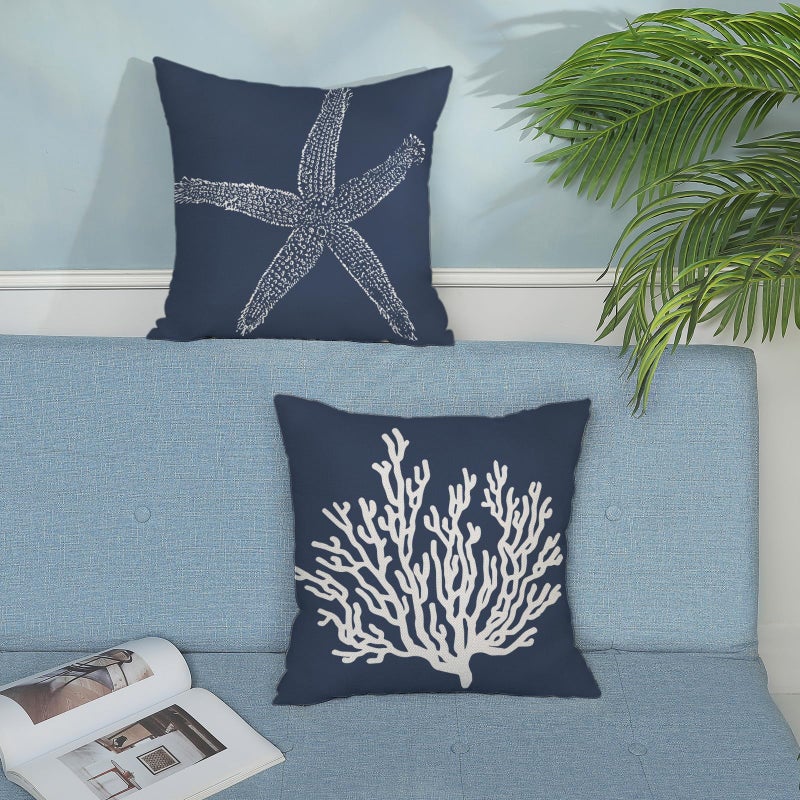 GOLIANDA Blue Starfish Pillow Covers 18x18 Inch Set of 2, Nautical Ocean Coastal Blue Coral Throw Pillows Spring Summer Decorations Linen Pillowcase Outdoor Decor Farmhouse Cushion Case for Home Holiday - Image 3